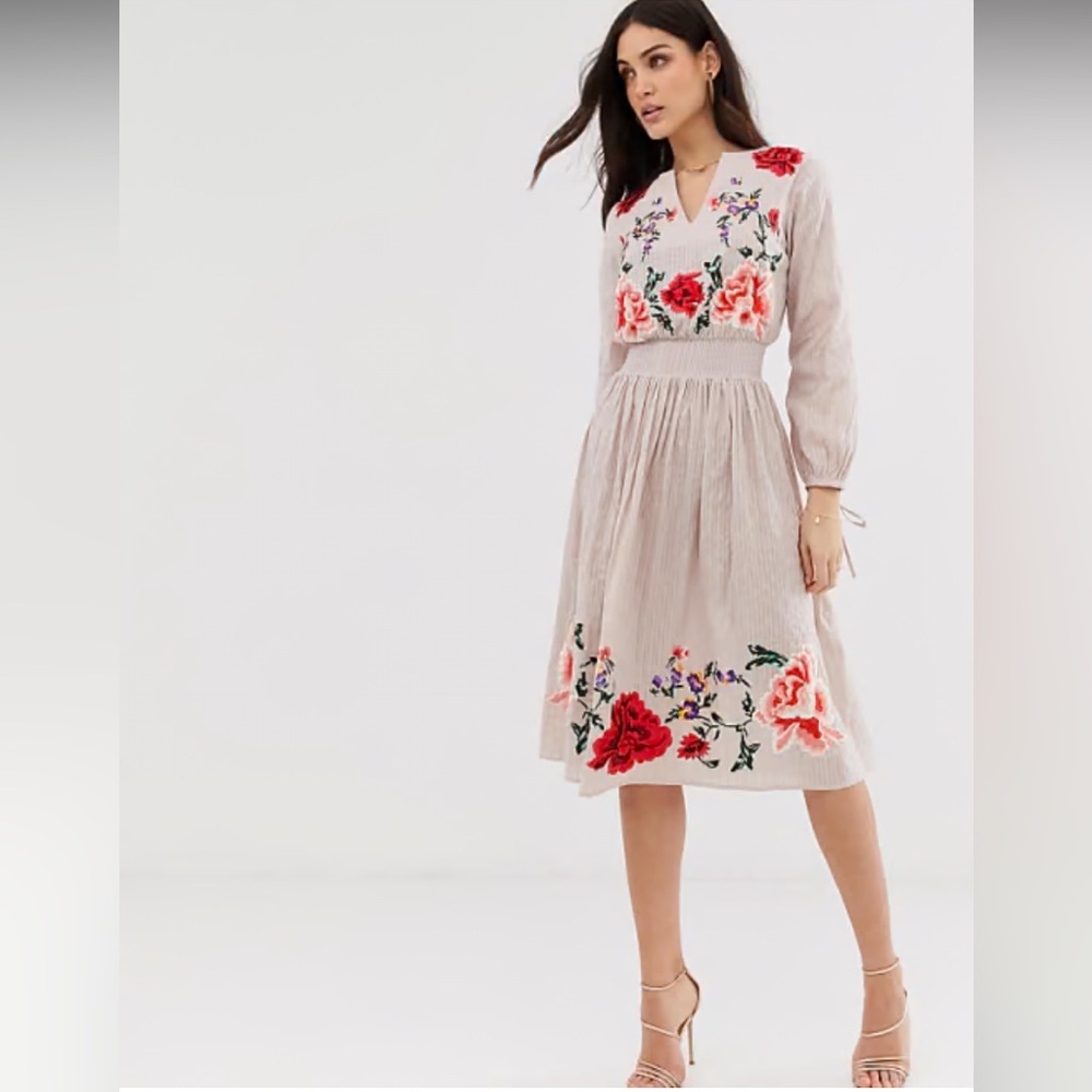 ASOS Beige Long Sleeve Dress with Red and Pink Floral Embroidery